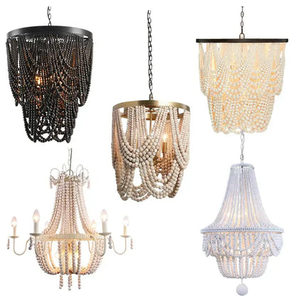 Antique black wood beaded pendant chandelier for dining room
