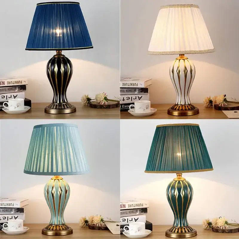 Antique blue ceramic desk lamp bedroom gold accented table light