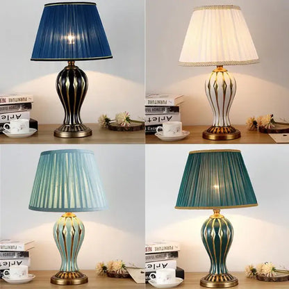 Antique blue ceramic desk lamp bedroom gold accented table light