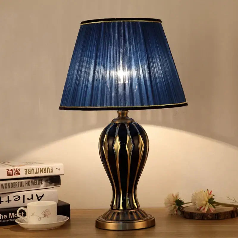 Antique blue ceramic desk lamp bedroom gold accented table light