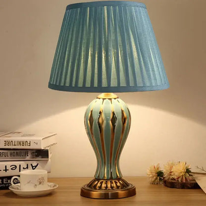 Antique blue ceramic desk lamp bedroom gold accented table light