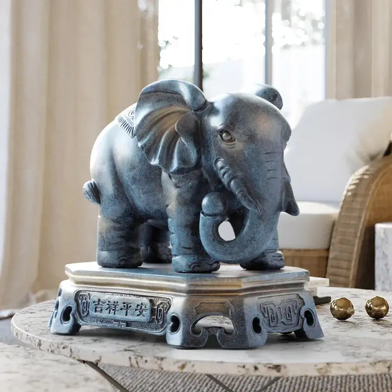 Antique blue elephant couple resin statue for living room decor