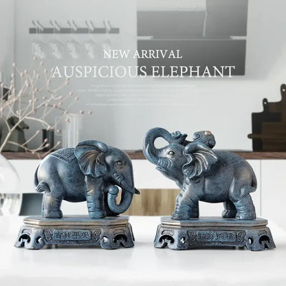 Antique blue elephant couple resin statue for living room decor