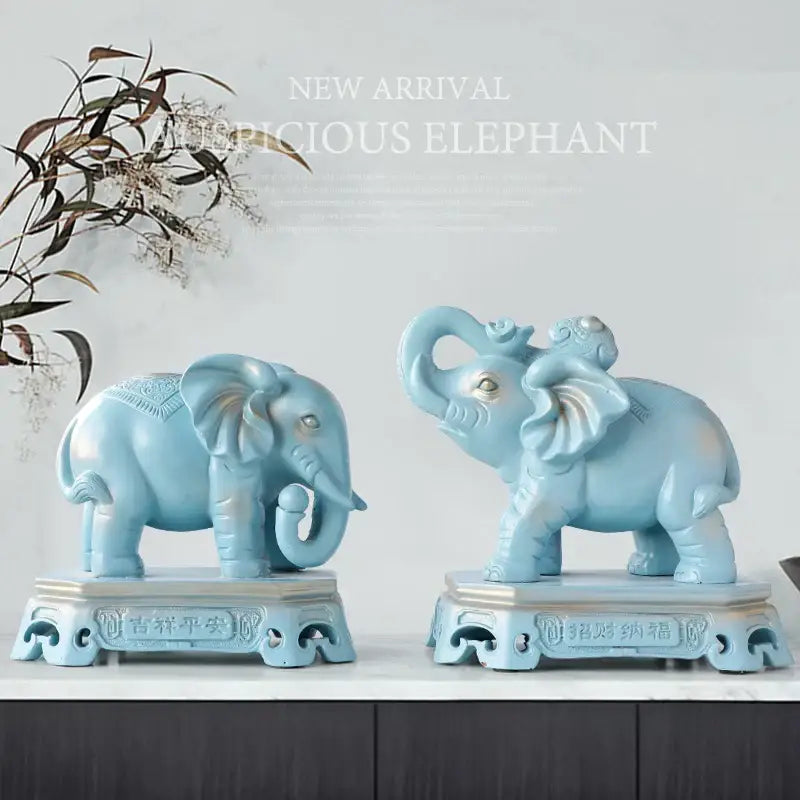 Antique blue elephant couple resin statue for living room decor