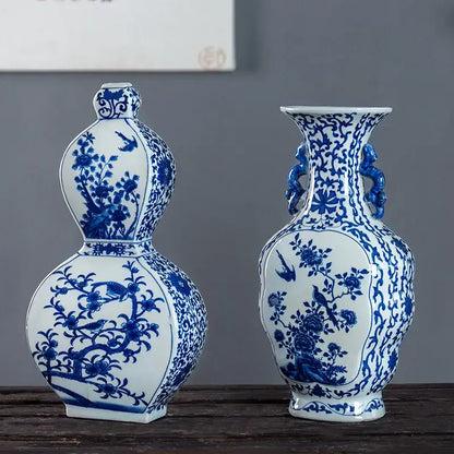 Antique blue white porcelain two ear vase living room decor