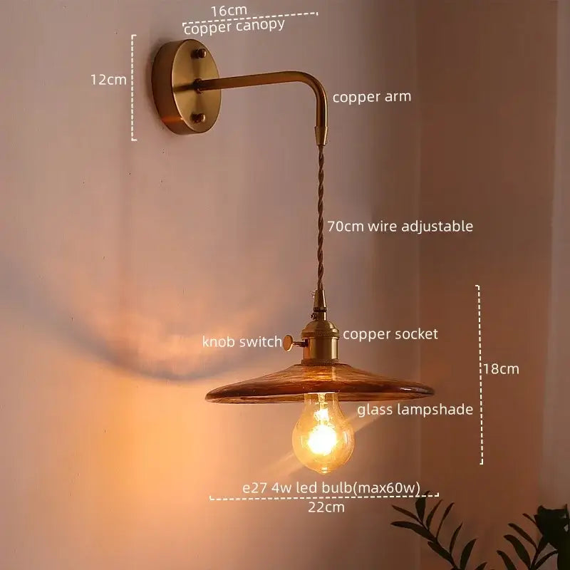 Antique brass and amber glass copper led wall lights for bedroom