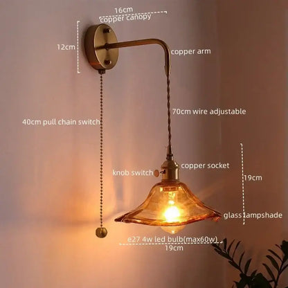 Antique brass and amber glass copper led wall lights for bedroom