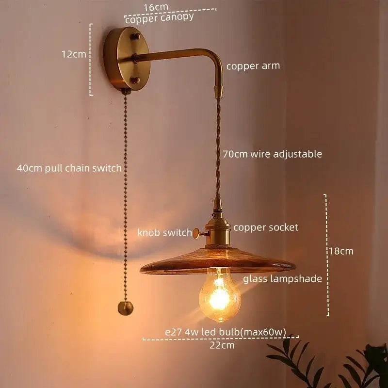 Antique brass and amber glass copper led wall lights for bedroom