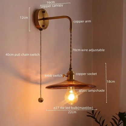 Antique brass and amber glass copper led wall lights for bedroom