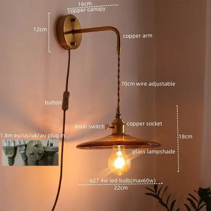 Antique brass and amber glass copper led wall lights for bedroom