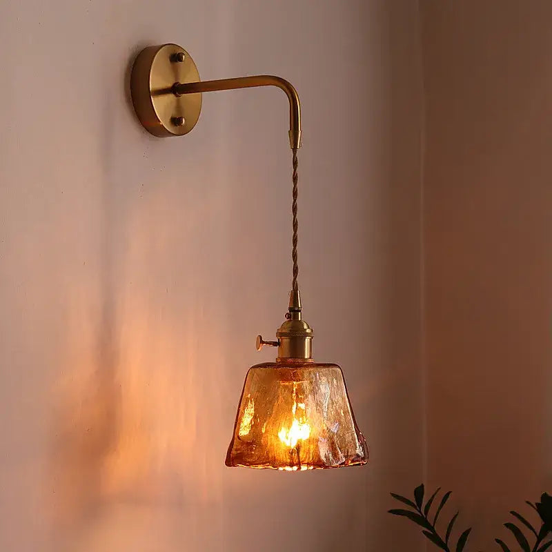 Antique brass and amber glass copper led wall lights for bedroom