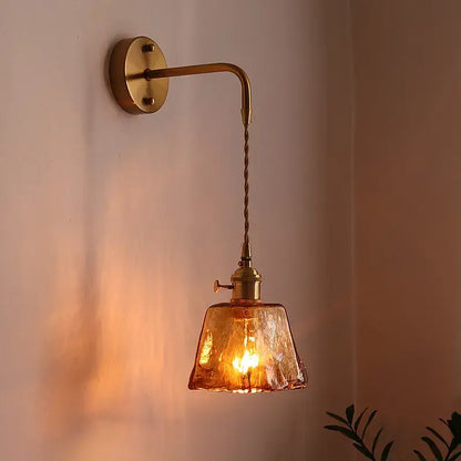 Antique brass and amber glass copper led wall lights for bedroom
