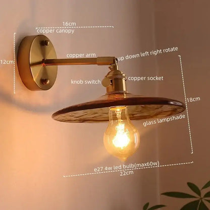 Antique brass and amber glass copper led wall lights for bedroom