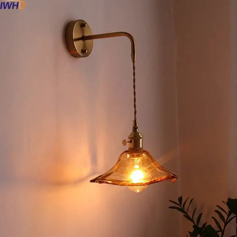 Antique brass and amber glass copper led wall lights for bedroom