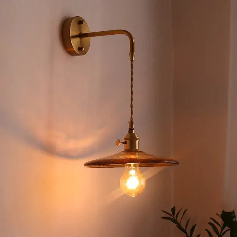 Antique brass and amber glass copper led wall lights for bedroom