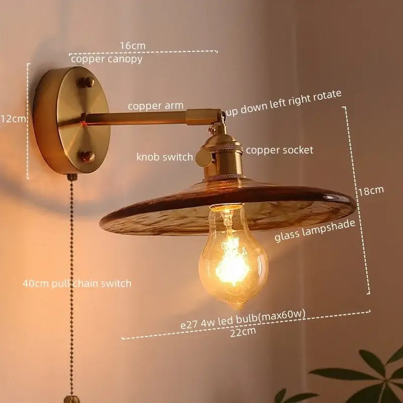 Antique brass and amber glass copper led wall lights for bedroom