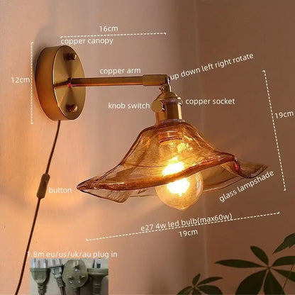 Antique brass and amber glass copper led wall lights for bedroom