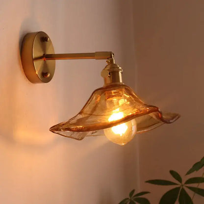 Antique brass and amber glass copper led wall lights for bedroom