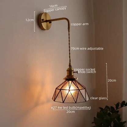Antique brass and green glass wall lamp bedroom sconce with pull chain