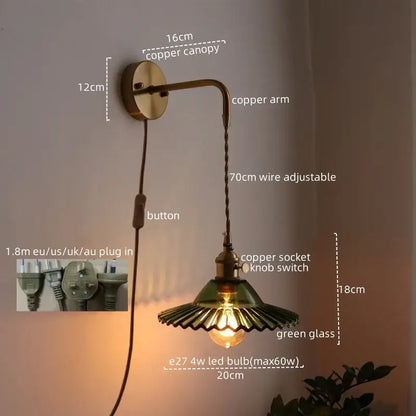 Antique brass and green glass wall lamp bedroom sconce with pull chain