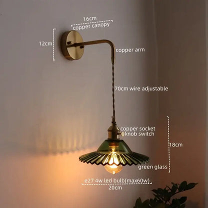 Antique brass and green glass wall lamp bedroom sconce with pull chain