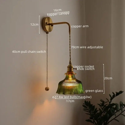 Antique brass and green glass wall lamp bedroom sconce with pull chain
