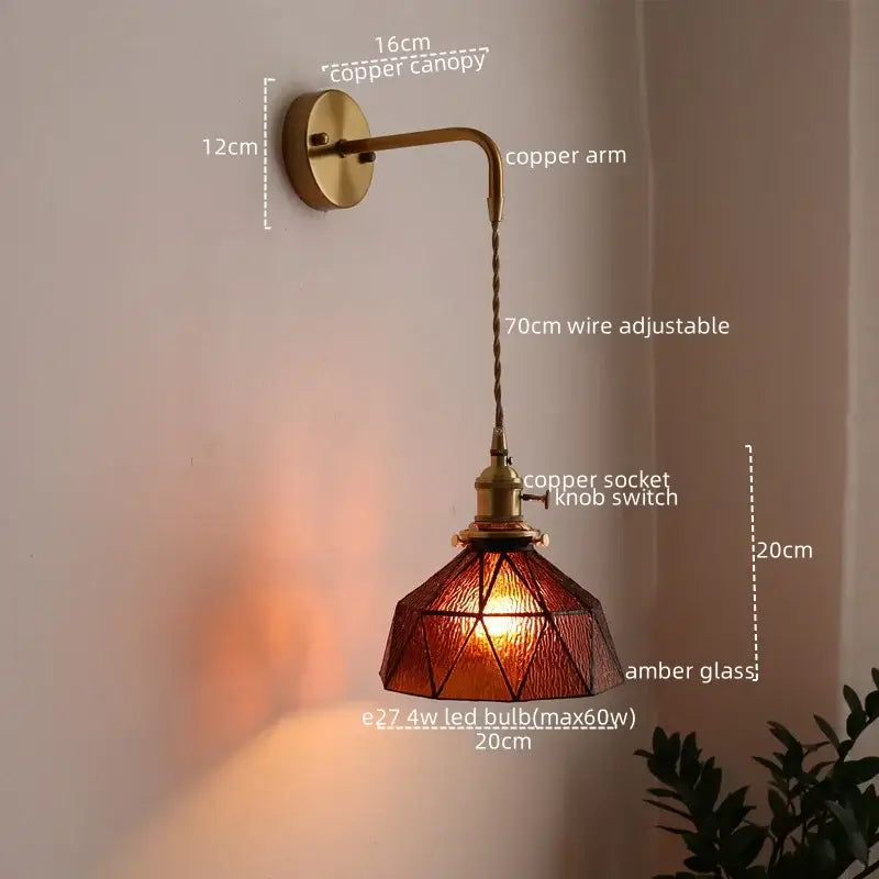 Antique brass and green glass wall lamp bedroom sconce with pull chain