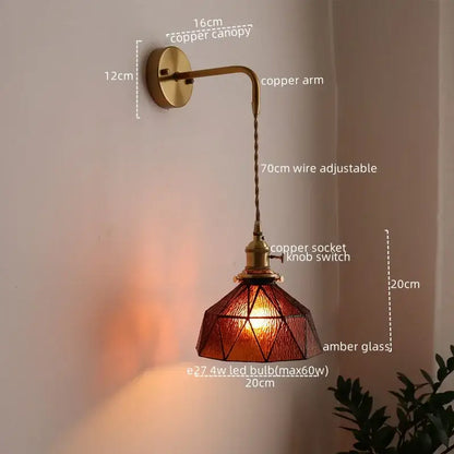 Antique brass and green glass wall lamp bedroom sconce with pull chain