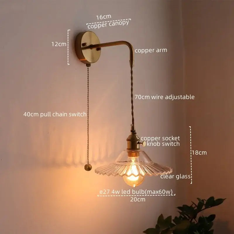 Antique brass and green glass wall lamp bedroom sconce with pull chain