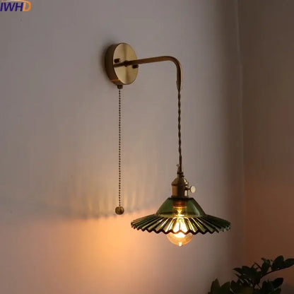 Antique brass and green glass wall lamp bedroom sconce with pull chain