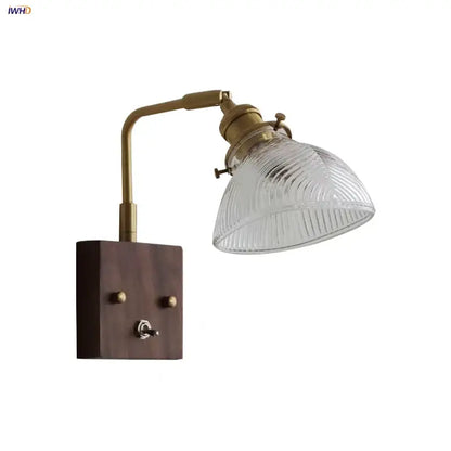 Antique brass and walnut clear glass wall lights stair fixture