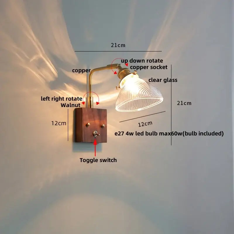 Antique brass and walnut clear glass wall lights stair fixture