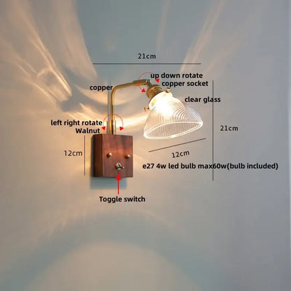 Antique brass and walnut clear glass wall lights stair fixture