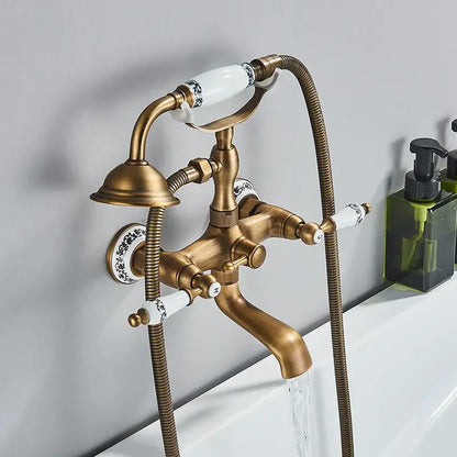 Antique brass and white ceramic bathtub shower faucet set bathroom