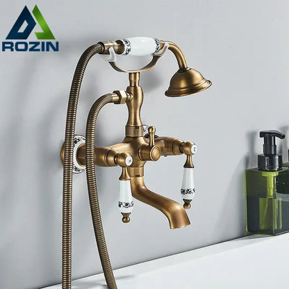 Antique brass and white ceramic bathtub shower faucet set bathroom