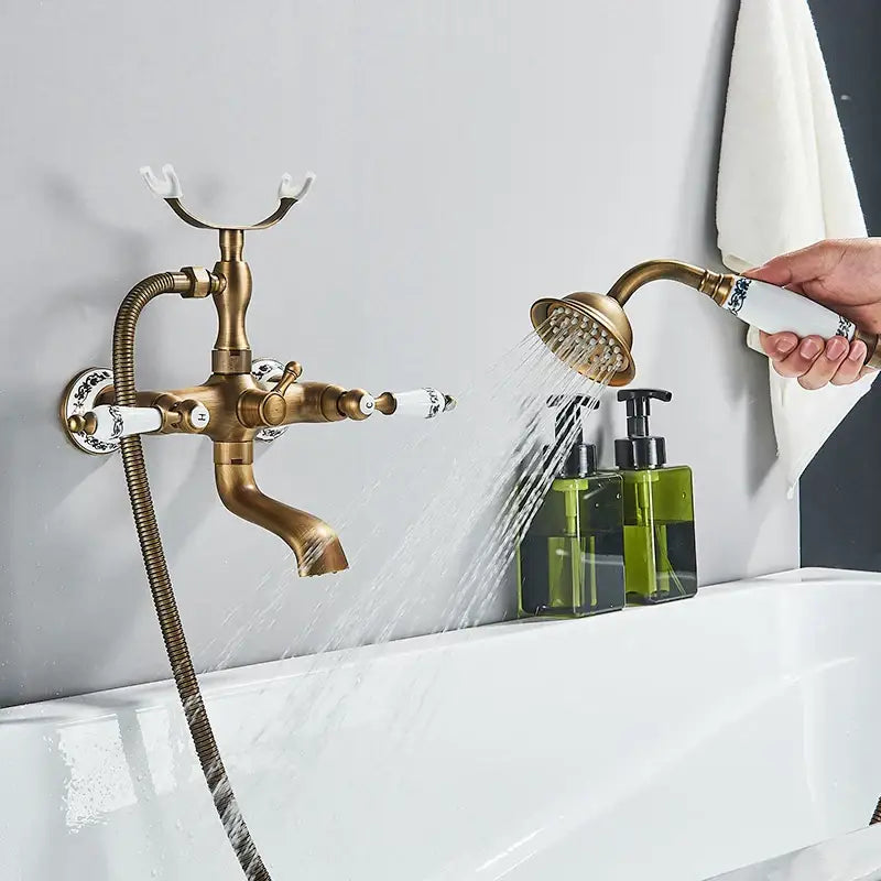 Antique brass and white ceramic bathtub shower faucet set bathroom