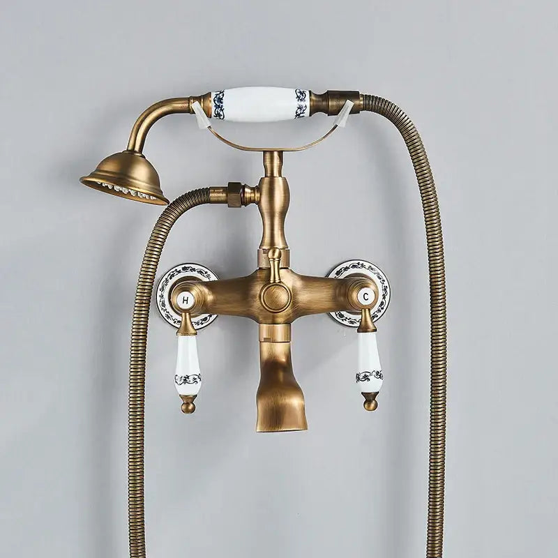 Antique brass and white ceramic bathtub shower faucet set bathroom