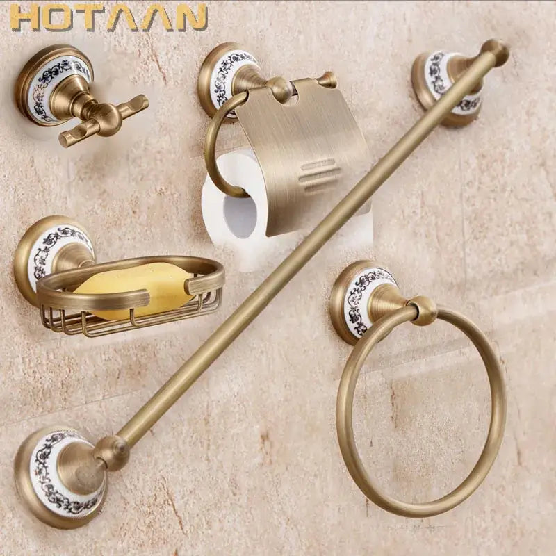 Antique brass and white floral bathroom accessories set bathroom