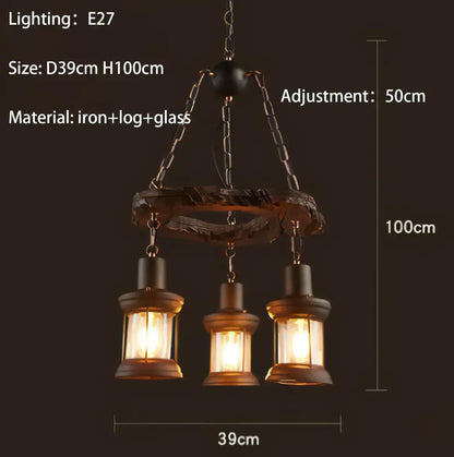 Antique brass and wood iron wheel led pendant lights dining room