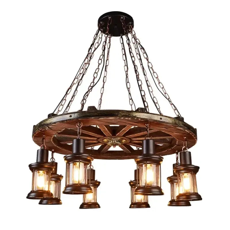 Antique brass and wood iron wheel led pendant lights dining room