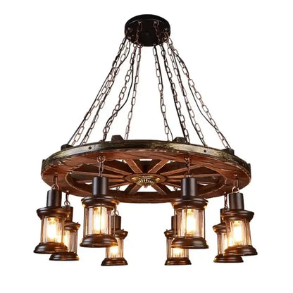 Antique brass and wood iron wheel led pendant lights dining room