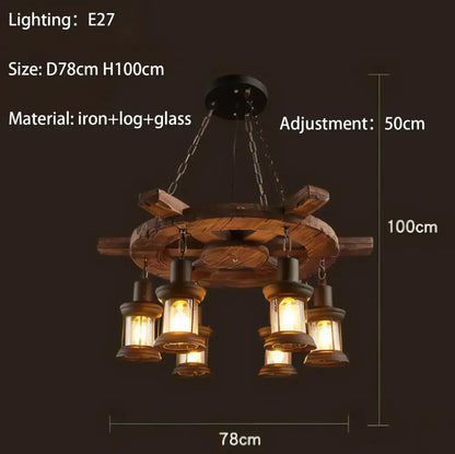 Antique brass and wood iron wheel led pendant lights dining room