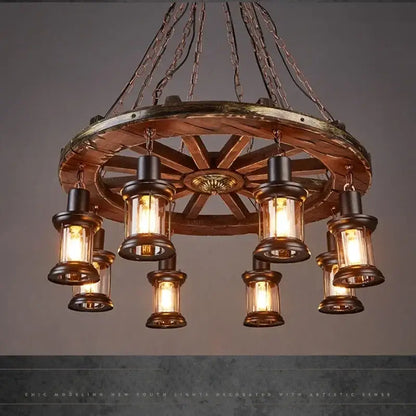 Antique brass and wood iron wheel led pendant lights dining room