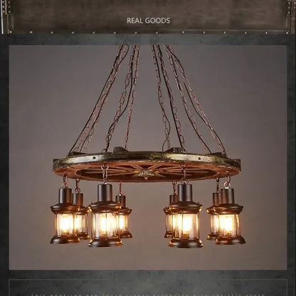 Antique brass and wood iron wheel led pendant lights dining room