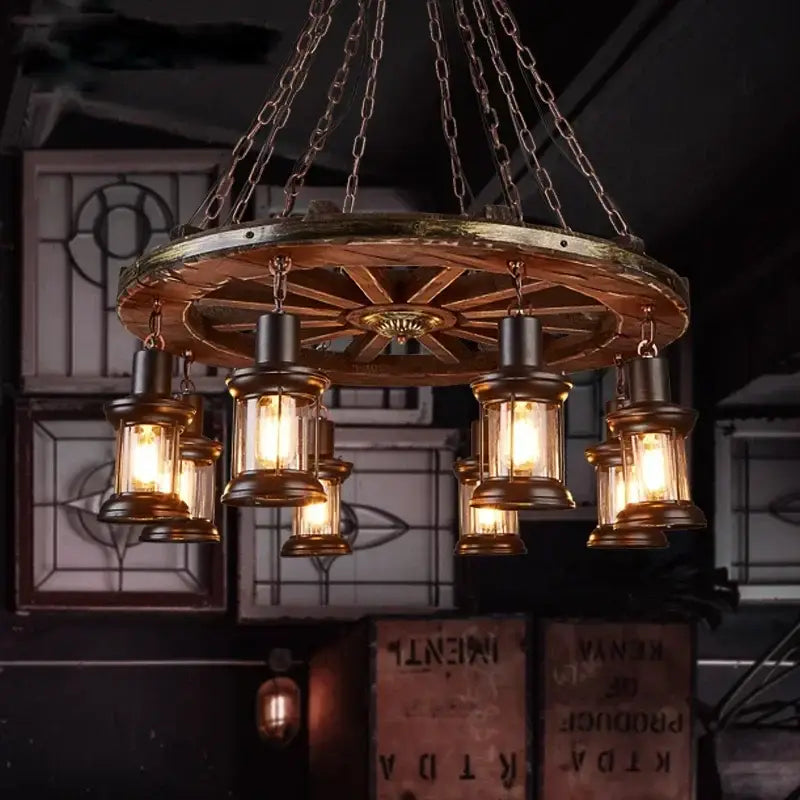 Antique brass and wood iron wheel led pendant lights dining room