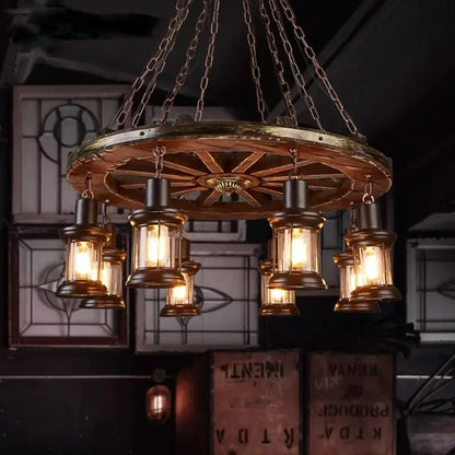 Antique brass and wood iron wheel led pendant lights dining room
