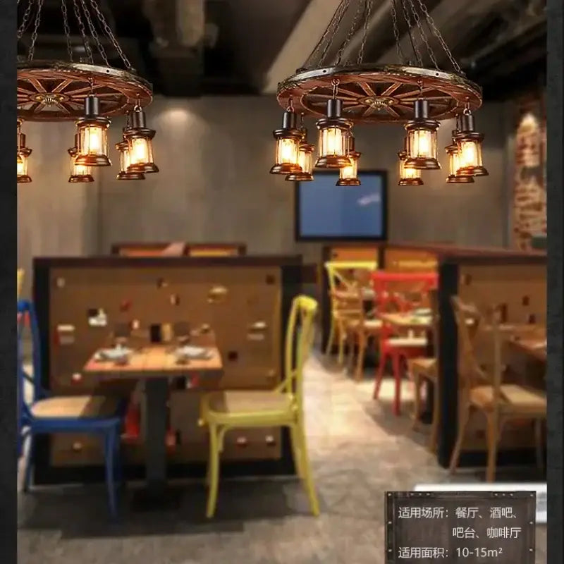 Antique brass and wood iron wheel led pendant lights dining room