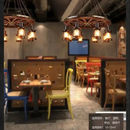 Antique brass and wood iron wheel led pendant lights dining room