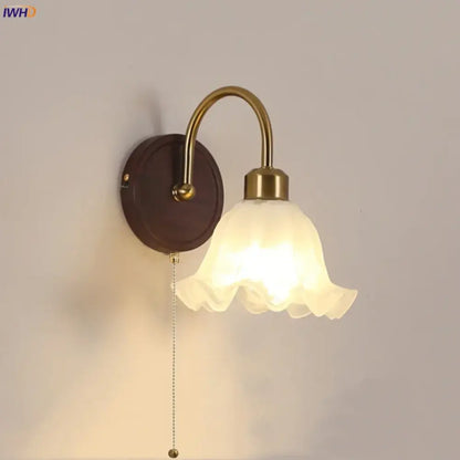Antique brass and wood led wall light bedroom sconce with glass shade