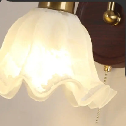 Antique brass and wood led wall light bedroom sconce with glass shade